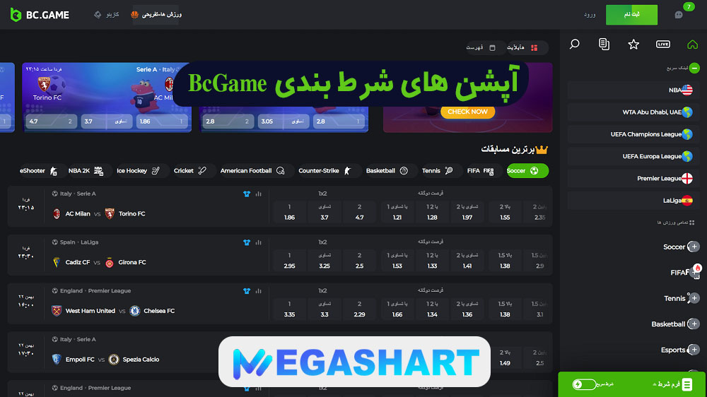 آپشن های شرط بندی BcGame