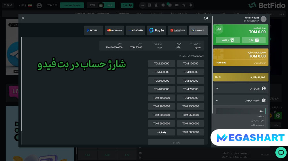 شارژ حساب در بت فیدو