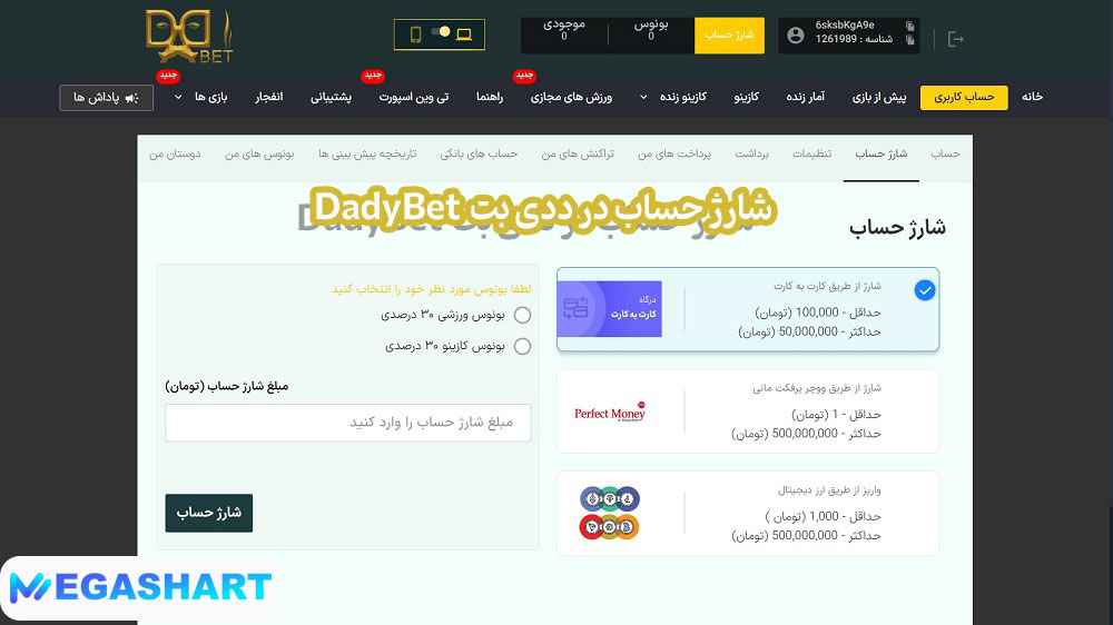 شارژ حساب در ددی بت DadyBet